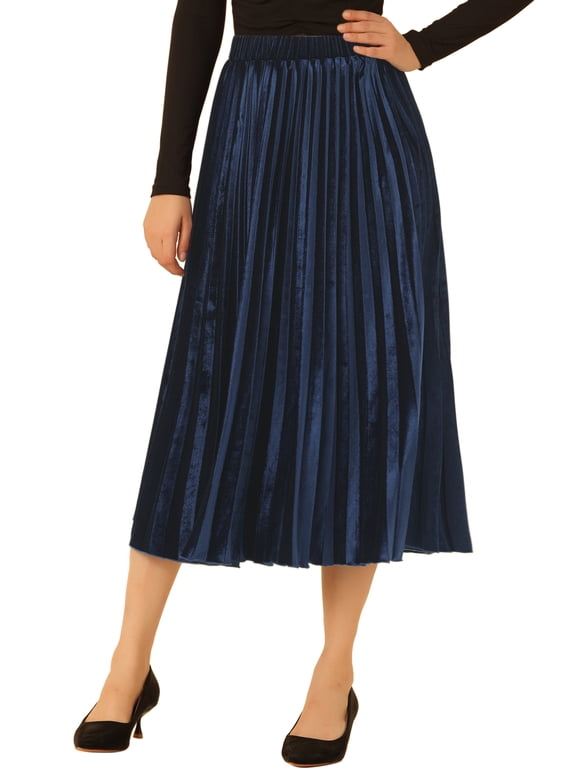 Women's High Elastic Waist Swing Flare Hem Velvet Pleated Skirt XS Dark Blue