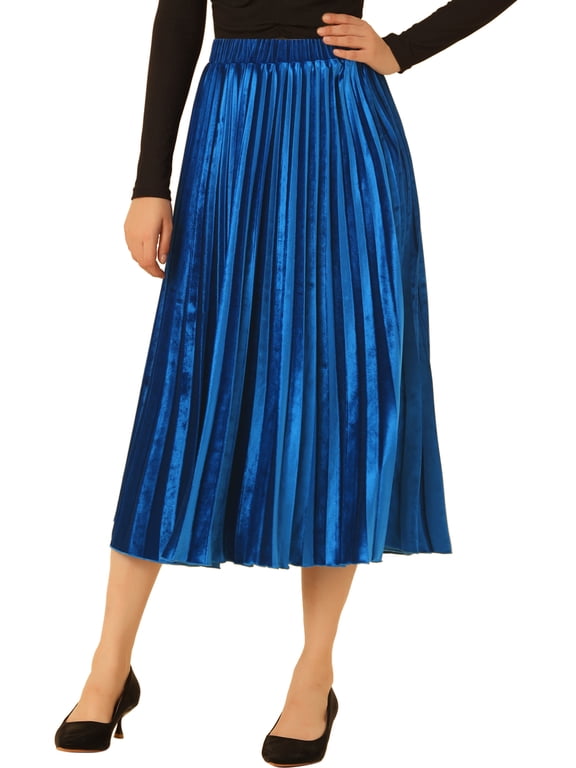 Women's High Elastic Waist Swing Flare Hem Velvet Pleated Skirt S Royal Blue