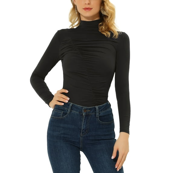 Allegra K Women's High Neck Ruched Long Sleeve Solid Blouse Tops L Black