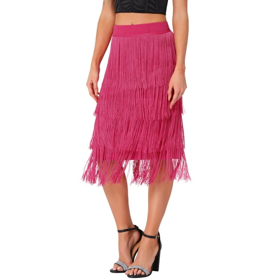 INSPIRE CHIC Women's High Waist Bodycon Tiered Pencil Midi Tassel Fringe Skirts XS Hot Pink