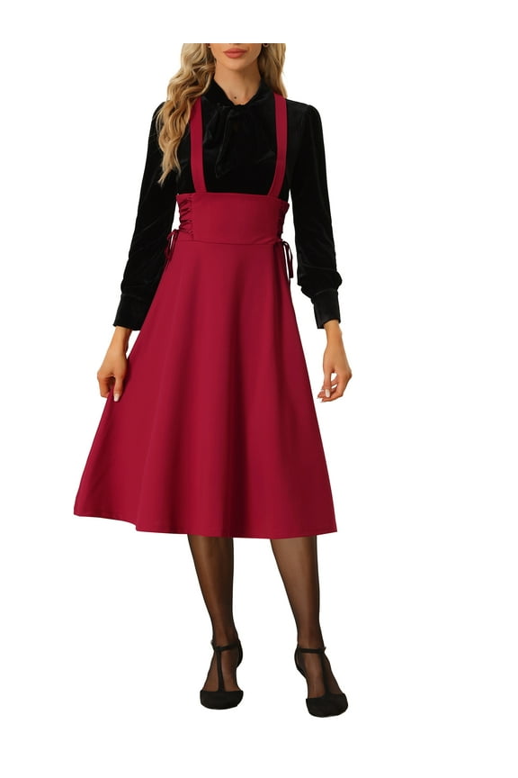 Women's High Waist Brace Skirts Lace Up Swing Midi Suspender Skirt