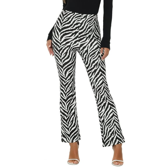 INSPIRE CHIC Women's Pants High Waist Cow Print Casual Flare Bell Bottom Stretch Long Pants L Black-Zebra