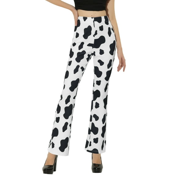 INSPIRE CHIC Women's Pants High Waist Cow Print Casual Flare Bell Bottom Stretch Long Pants XS Black White