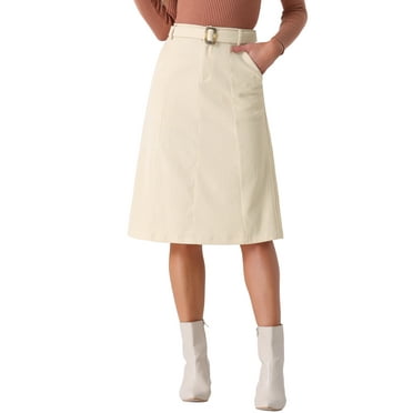 INSPIRE CHIC Women's High Waist Elastic Back A-Line Belted Winter Fall Midi Corduroy Skirt L Beige