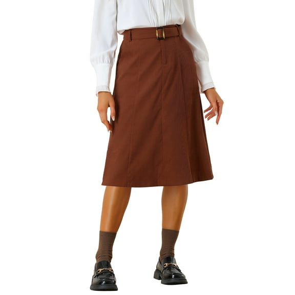 INSPIRE CHIC Women's Skirt High Elastic Waist A-Line Belted Fall Winter Midi Corduroy Skirt L Brown