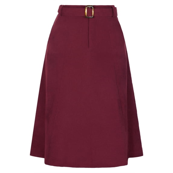 INSPIRE CHIC Women's Skirt High Elastic Waist A-Line Belted Fall Winter Midi Corduroy Skirt L Burgundy