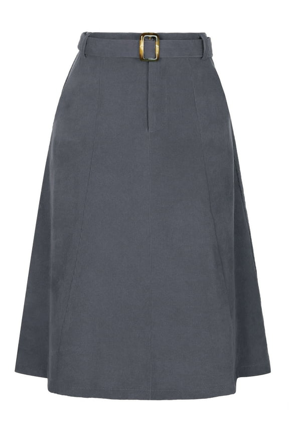 Women's Skirt High Elastic Waist A-Line Belted Fall Winter Midi Corduroy Skirt L Dark Grey