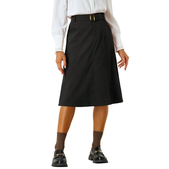 INSPIRE CHIC Women's Skirt High Elastic Waist A-Line Belted Fall Winter Midi Corduroy Skirt M Black