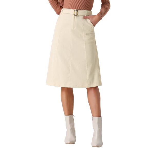 INSPIRE CHIC Women's Skirt High Elastic Waist A-Line Belted Fall Winter Midi Corduroy Skirt XL Beige