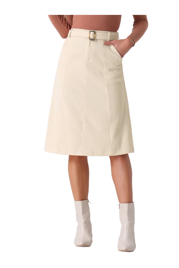 Women's Skirt High Elastic Waist A-Line Belted Fall Winter Midi Corduroy Skirt XL Beige