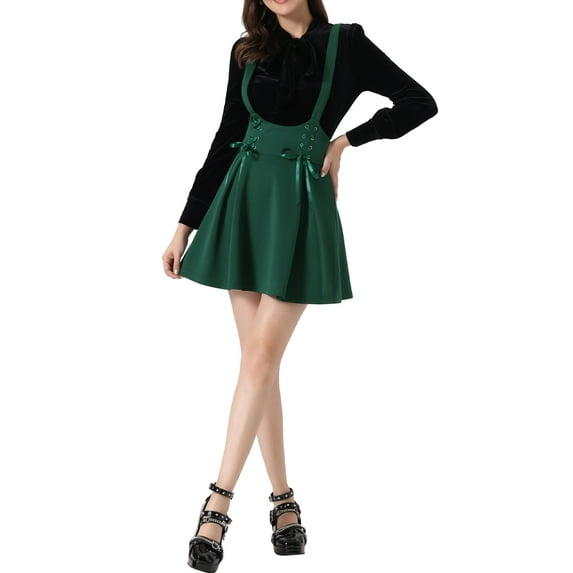 INSPIRE CHIC Women's High Waist Lace Up Tie Front A-Line Mini Suspender Skirt XS Dark Green