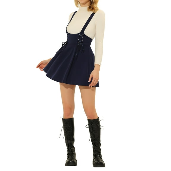 INSPIRE CHIC Women's  High Waist Lace Up Tie Front A-Line Mini Suspender Skirt S Dark Blue