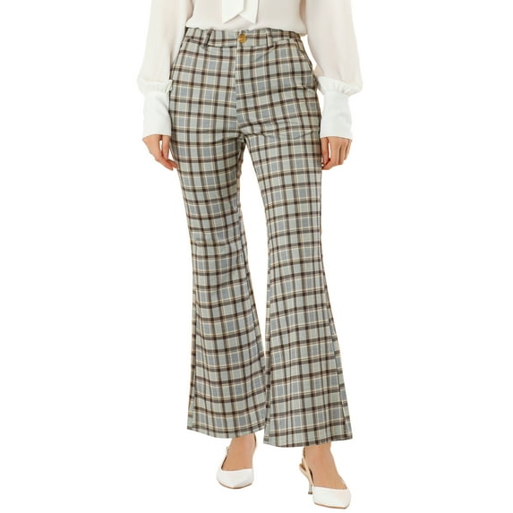 INSPIRE CHIC Women's Plaid Pants Elastic Waist Bussiness Casual Work Office Long Trousers Brown Grey L