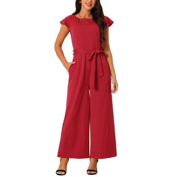 INSPIRE CHIC Women's High Waist Ruflled Short Sleeve Casual Dressy Long Wide Leg Jumpsuits S Wine Red