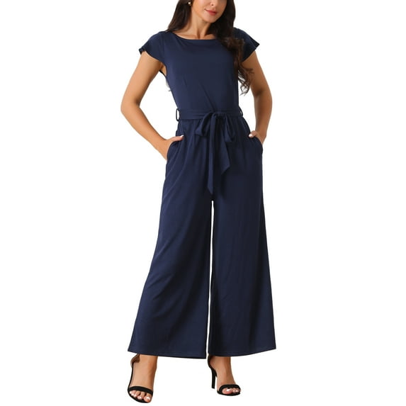 INSPIRE CHIC Women's High Waist Ruflled Short Sleeve Casual Dressy Long Wide Leg Jumpsuits M Navy Blue