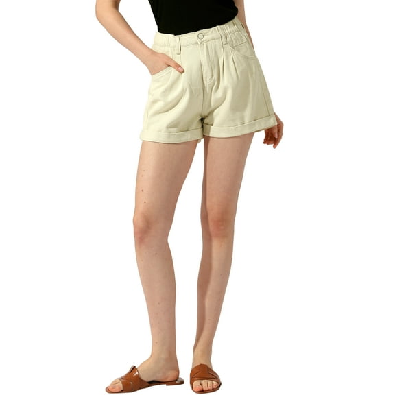 INSPIRE CHIC Women's High Waist Shorts with Pockets Elastic Waist Casual Summer Denim Shorts Khaki S