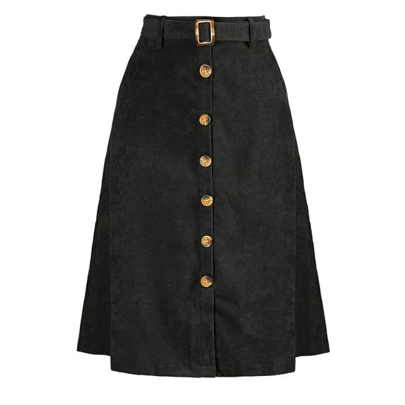INSPIRE CHIC Women's Corduroy Skirt High Waist Button Front Belted Midi Skirt L Black