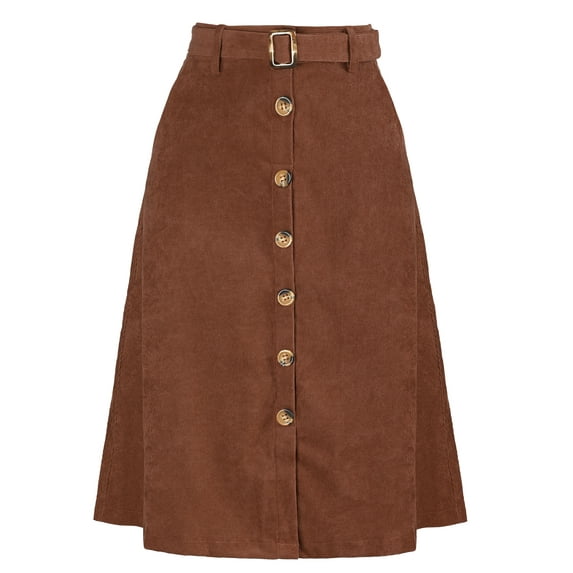 INSPIRE CHIC Women's Corduroy Skirt High Waist Button Front Belted Midi Skirt L Dark Brown