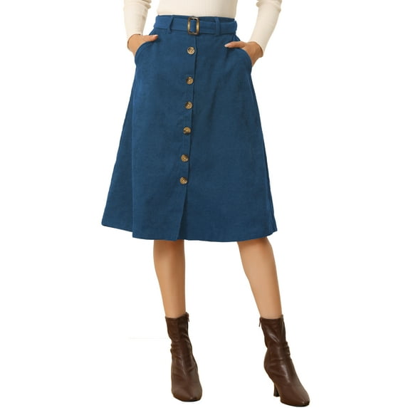 INSPIRE CHIC Women's Corduroy Skirt High Waist Button Front Belted Midi Skirt L Peacock Blue