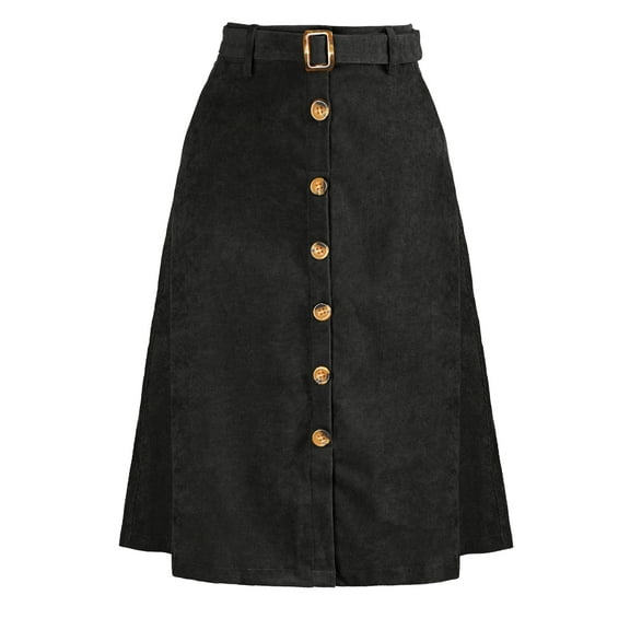 INSPIRE CHIC Women's Corduroy Skirt High Waist Button Front Belted Midi Skirt M Black