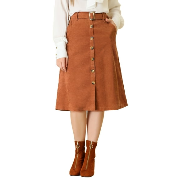 INSPIRE CHIC Women's Corduroy Skirt High Waist Button Front Belted Midi Skirt M Caramel