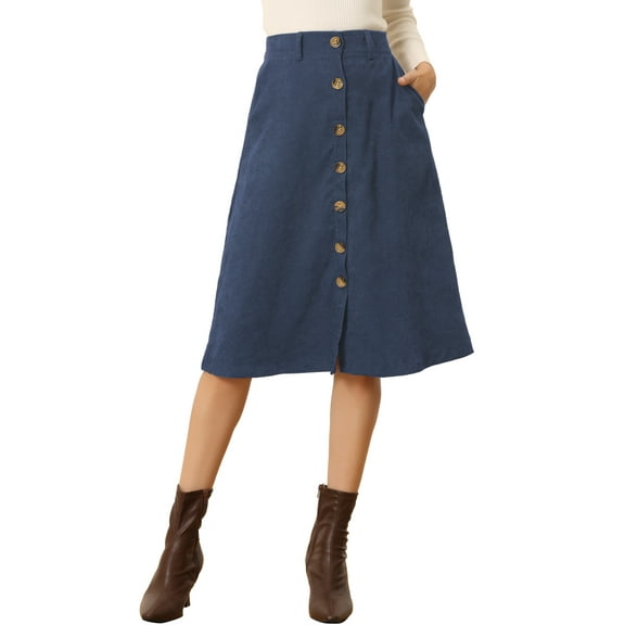 INSPIRE CHIC Women's Corduroy Skirt High Waist Button Front Belted Midi Skirt M Dark Blue