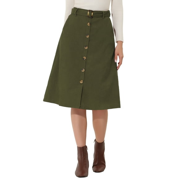 INSPIRE CHIC Women's Corduroy Skirt High Waist Button Front Belted Midi Skirt M Green