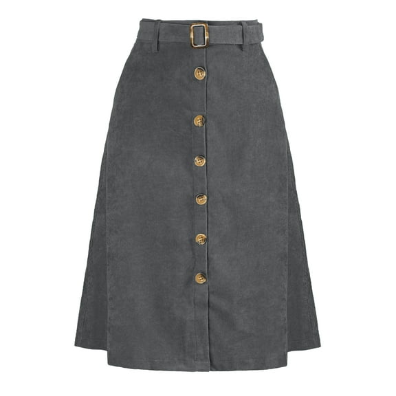 INSPIRE CHIC Women's Corduroy Skirt High Waist Button Front Belted Midi Skirt M Grey