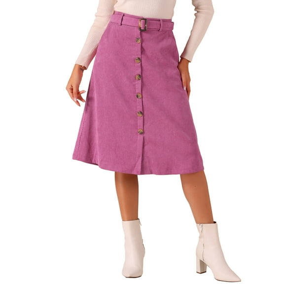 INSPIRE CHIC Women's Corduroy Skirt High Waist Button Front Belted Midi Skirt M Hot Pink