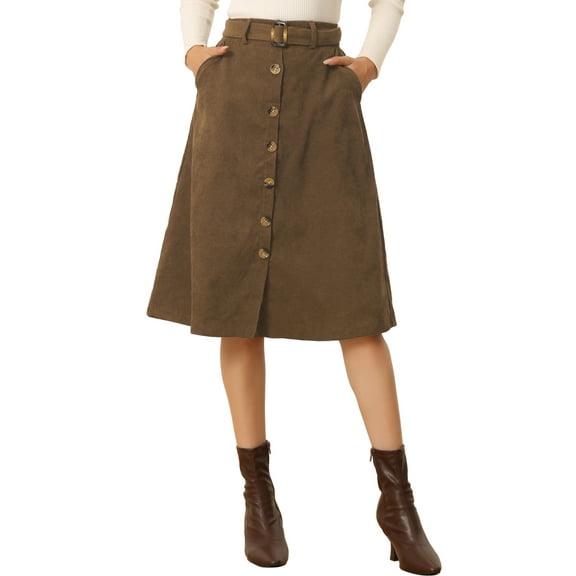INSPIRE CHIC Women's Corduroy Skirt High Waist Button Front Belted Midi Skirt S Coffee