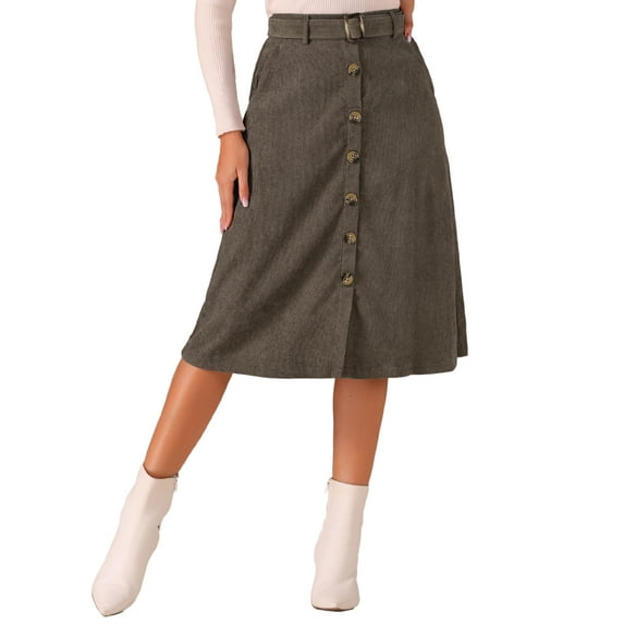 INSPIRE CHIC Women's Corduroy Skirt High Waist Button Front Belted Midi Skirt S Gray Brown
