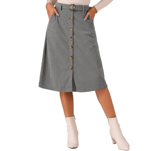 INSPIRE CHIC Women's Corduroy Skirt High Waist Button Front Belted Midi Skirt S Mid Grey