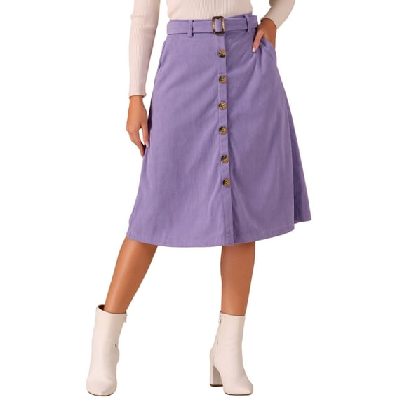 INSPIRE CHIC Women's Corduroy Skirt High Waist Button Front Belted Midi Skirt S Purple