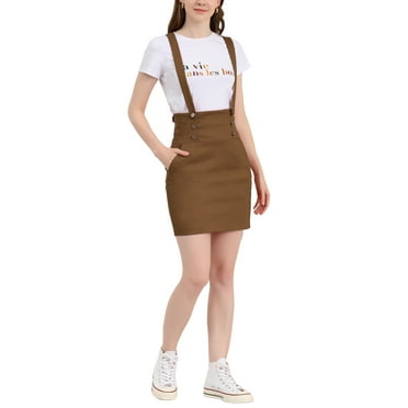INSPIRE CHIC Women's High Waist Straight Braces Suspender Skirts M Dark Brown