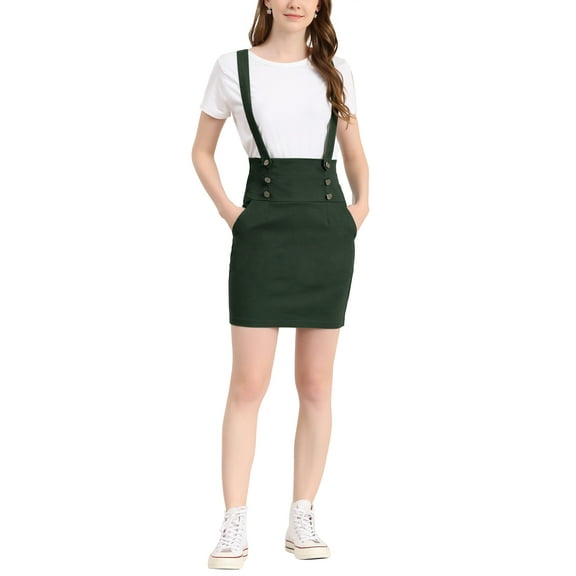 INSPIRE CHIC Women's High Waist Straight Braces Suspender Skirts S Dark Green