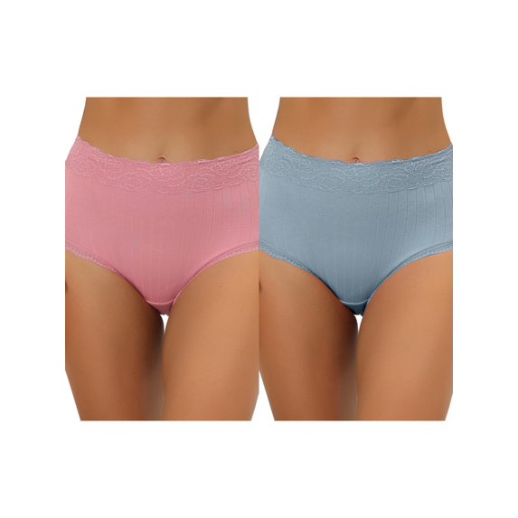 NOMADIC NOOK Women's High Waist Underwear Tummy Control Lace Ribbed Panties 2 Packs L Pink 2