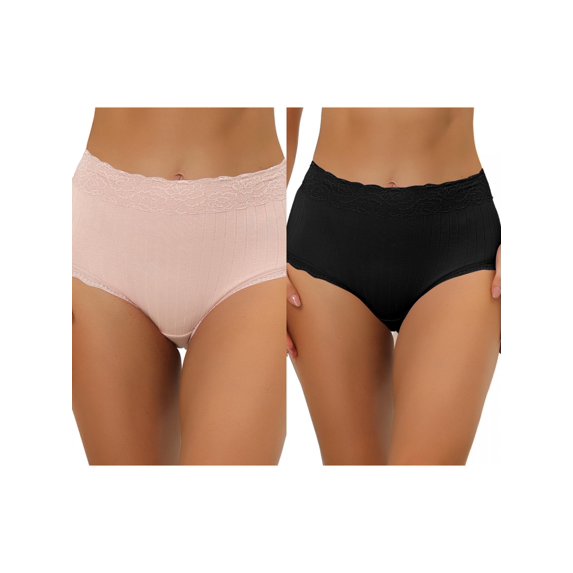 NOMADIC NOOK Women's High Waist Underwear Tummy Control Lace Ribbed Panties 2 Packs M Black 4