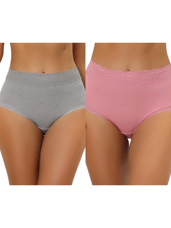 Women's High Waist Underwear Tummy Control Lace Ribbed Panties 2 Packs XL Pink 2