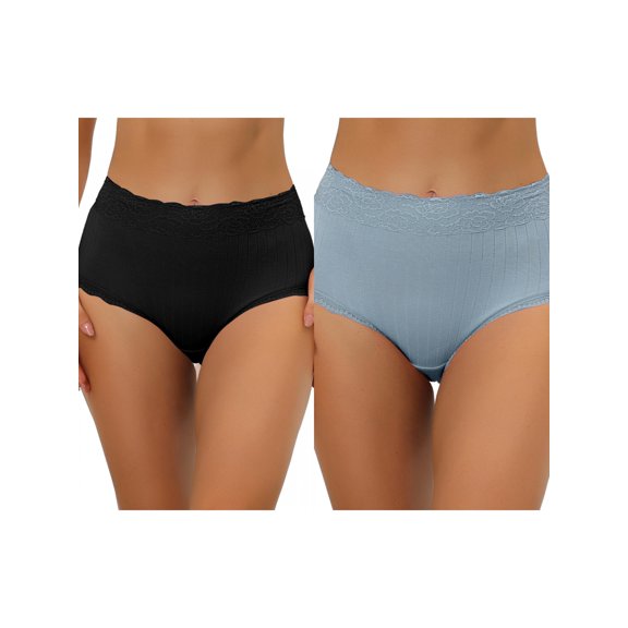 NOMADIC NOOK Women's High Waist Underwear Tummy Control Lace Ribbed Panties 2 Packs M Black 2