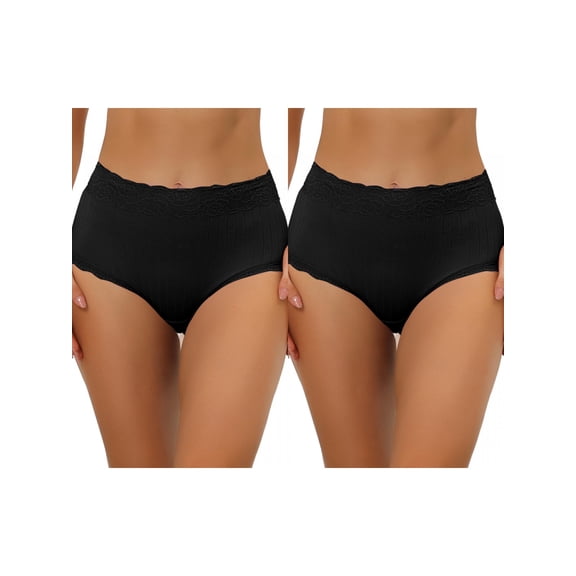 NOMADIC NOOK Women's High Waist Underwear Tummy Control Lace Trim Ribbed Panties 2 Packs