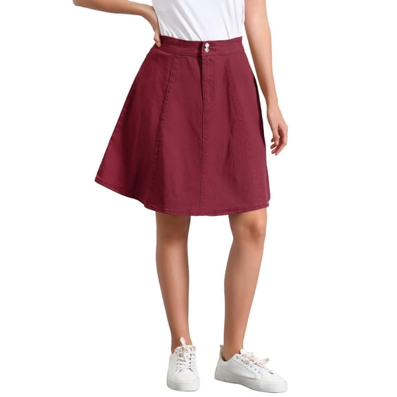 INSPIRE CHIC Women's Skirts High Waisted A-Line Flared Casual Jean Denim Skirt L Dark Red