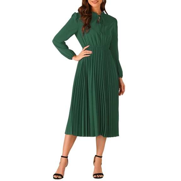INSPIRE CHIC Women's Dress Holiday Long Sleeve Tie V Neck Pleated A-Line Midi Dress XS Dark Green