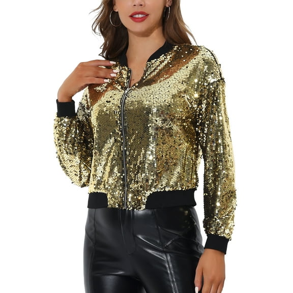 INSPIRE CHIC Women's Sequin Jacket Zipper Closure Hidden Pockets Bomber Jacket L Gold