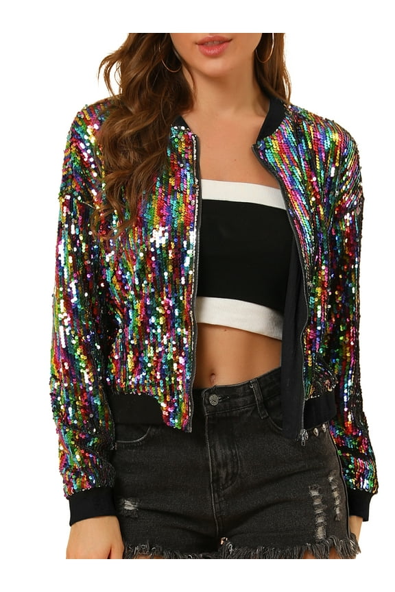 Women's Sequin Jacket Zipper Closure Hidden Pockets Bomber Jacket L Rainbow