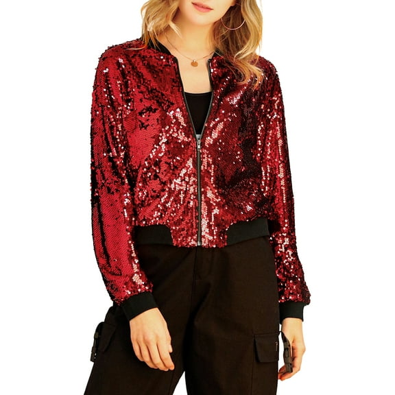 INSPIRE CHIC Women's Sequin Jacket Zipper Closure Hidden Pockets Bomber Jacket L Red