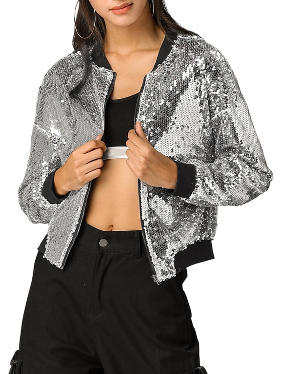 Women's Sequin Jacket Zipper Closure Hidden Pockets Bomber Jacket Silver L