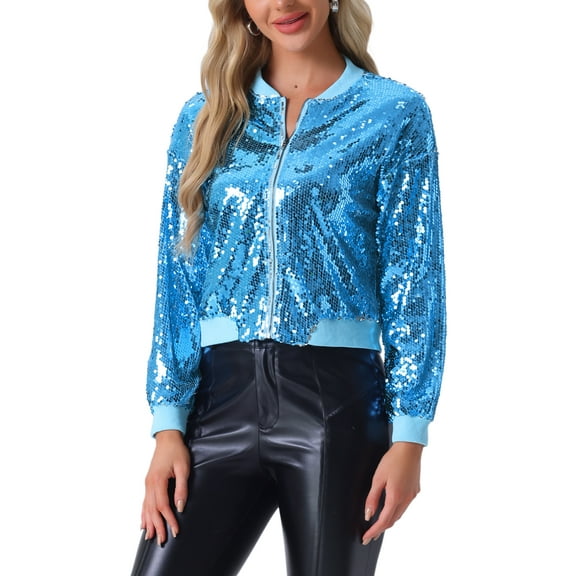 INSPIRE CHIC Women's Sequin Jacket Zipper Closure Hidden Pockets Bomber Jacket L Sky Blue