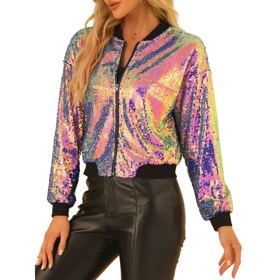 INSPIRE CHIC Women's Sequin Jacket Zipper Closure Hidden Pockets Bomber Jacket M Multicolor