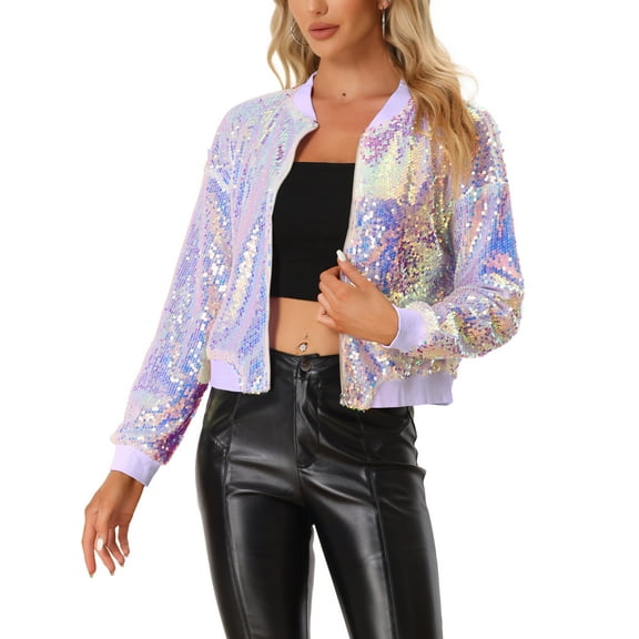 INSPIRE CHIC Women's Sequin Jacket Zipper Closure Hidden Pockets Bomber Jacket M Pink Purple