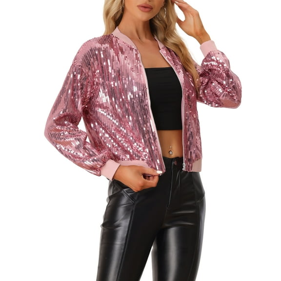 INSPIRE CHIC Women's Sequin Jacket Zipper Closure Hidden Pockets Bomber Jacket M Pinks